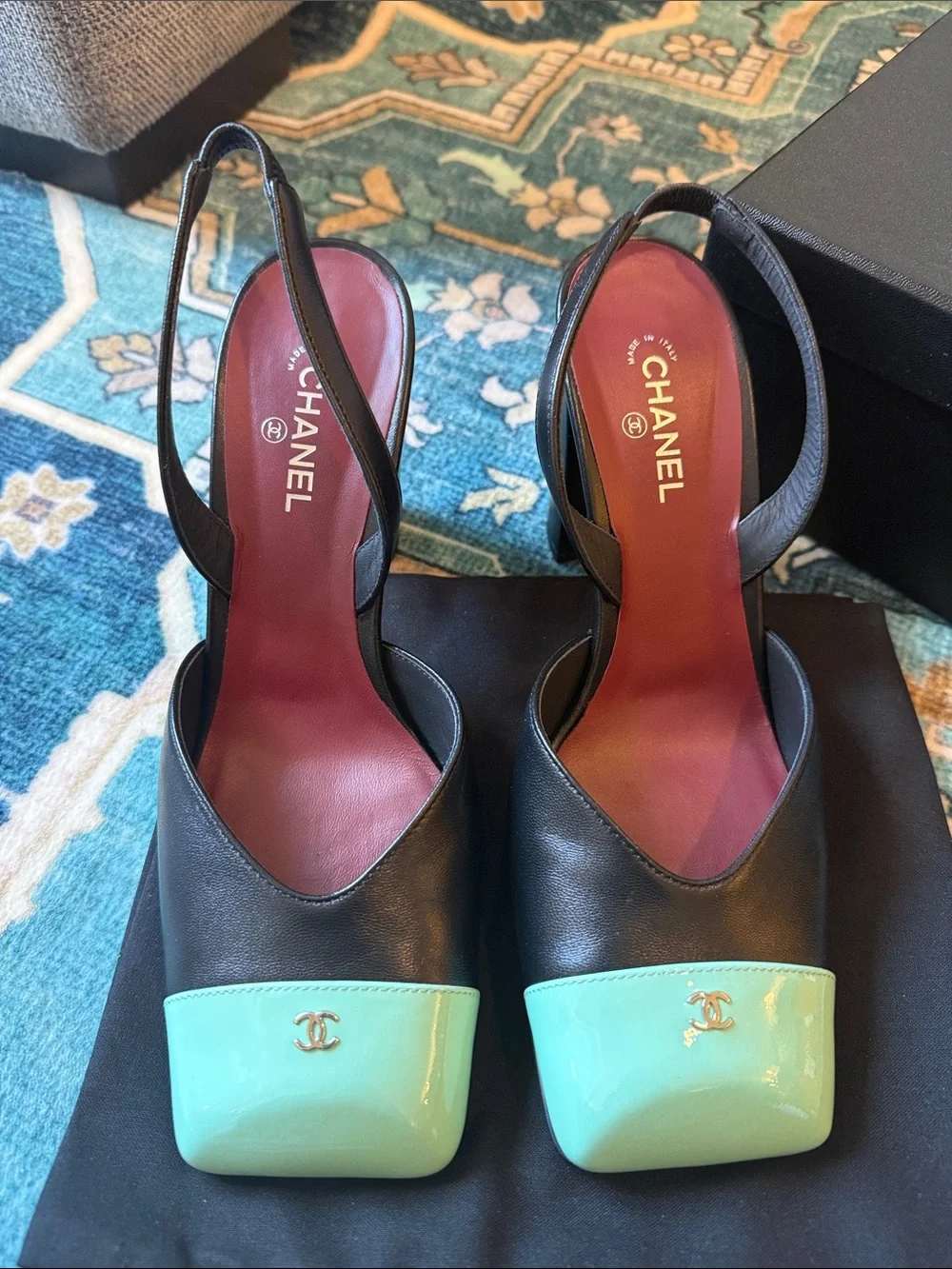 Chanel 26S Blazy Black Minty Green Square Cap Toe Sling Slingback Heel 37.5